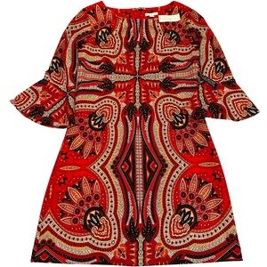 NWT New York & Company Dark Red Paisley Print Bell Sleeve Dress. Sz L Be…